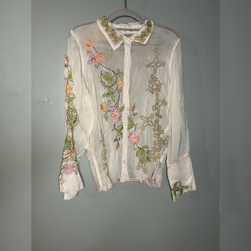 Johnny Was White Ramie‎ Button Blouse Floral Embroidery Lightweight Blouse